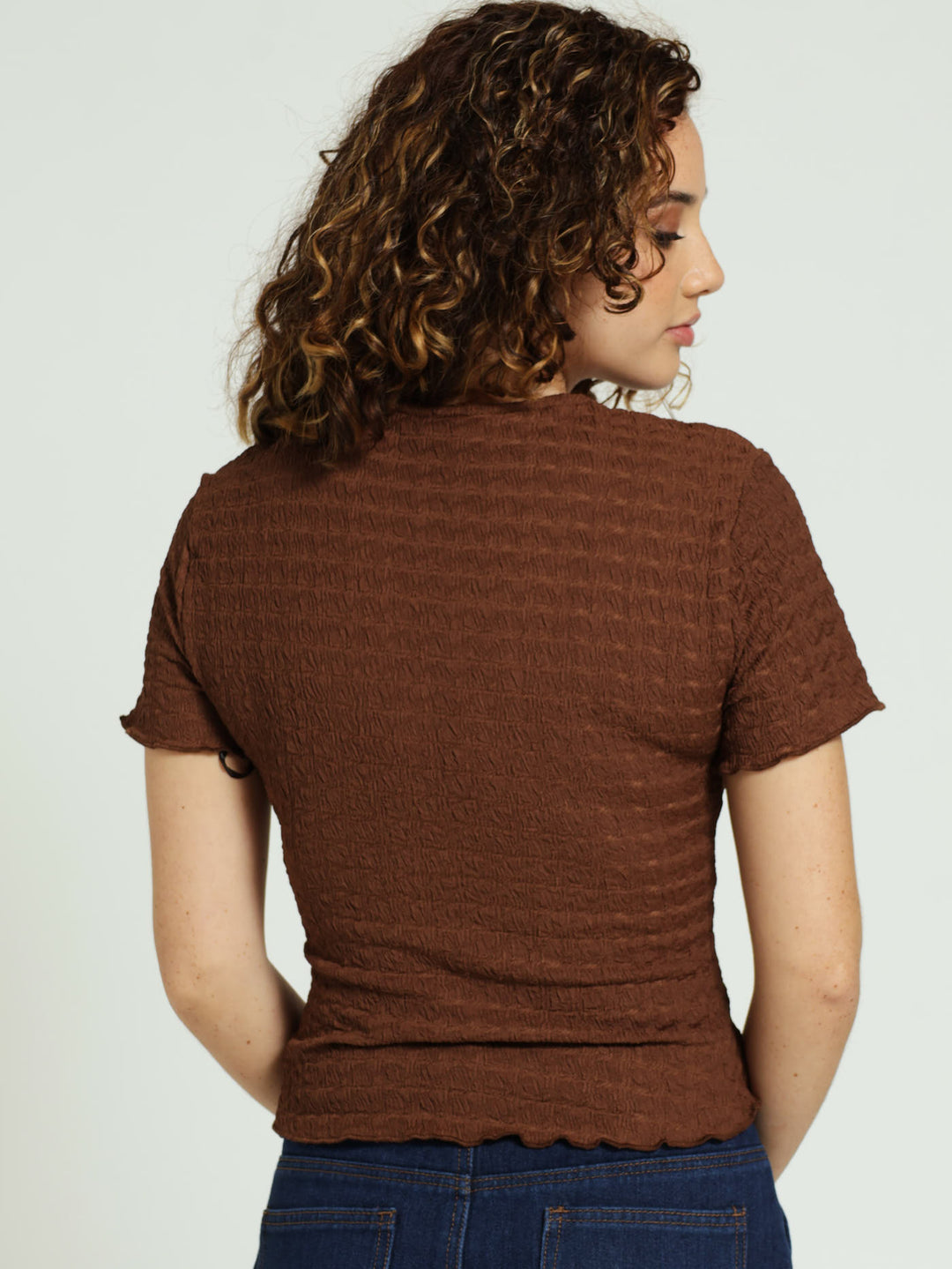 Textured Tie Front Top - Brown