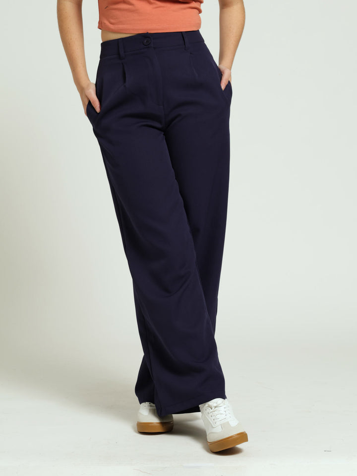 Pleated Wide Leg Trouser - Navy