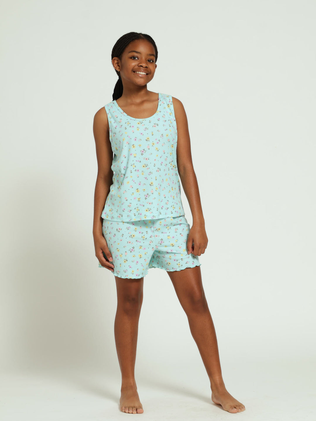 Girls Ditsy Rib Tank Floral Lettuce Trim Sleepset - Light Blue