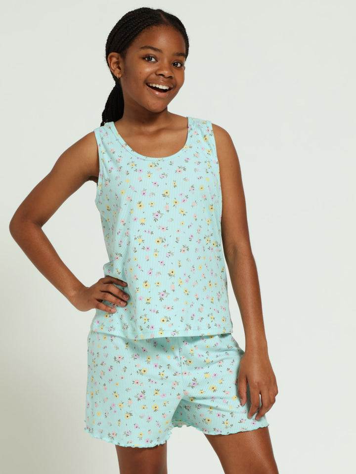 Girls Ditsy Rib Tank Floral Lettuce Trim Sleepset - Light Blue