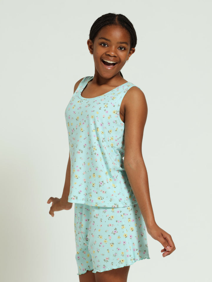 Girls Ditsy Rib Tank Floral Lettuce Trim Sleepset - Light Blue