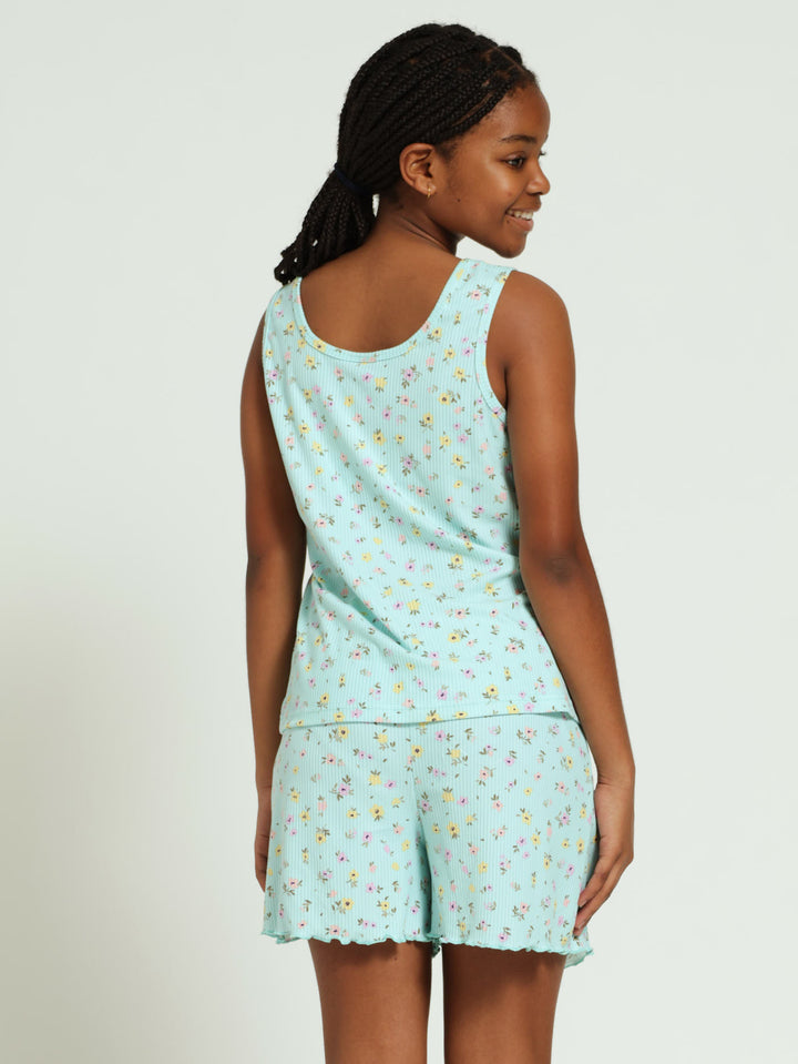 Girls Ditsy Rib Tank Floral Lettuce Trim Sleepset - Light Blue