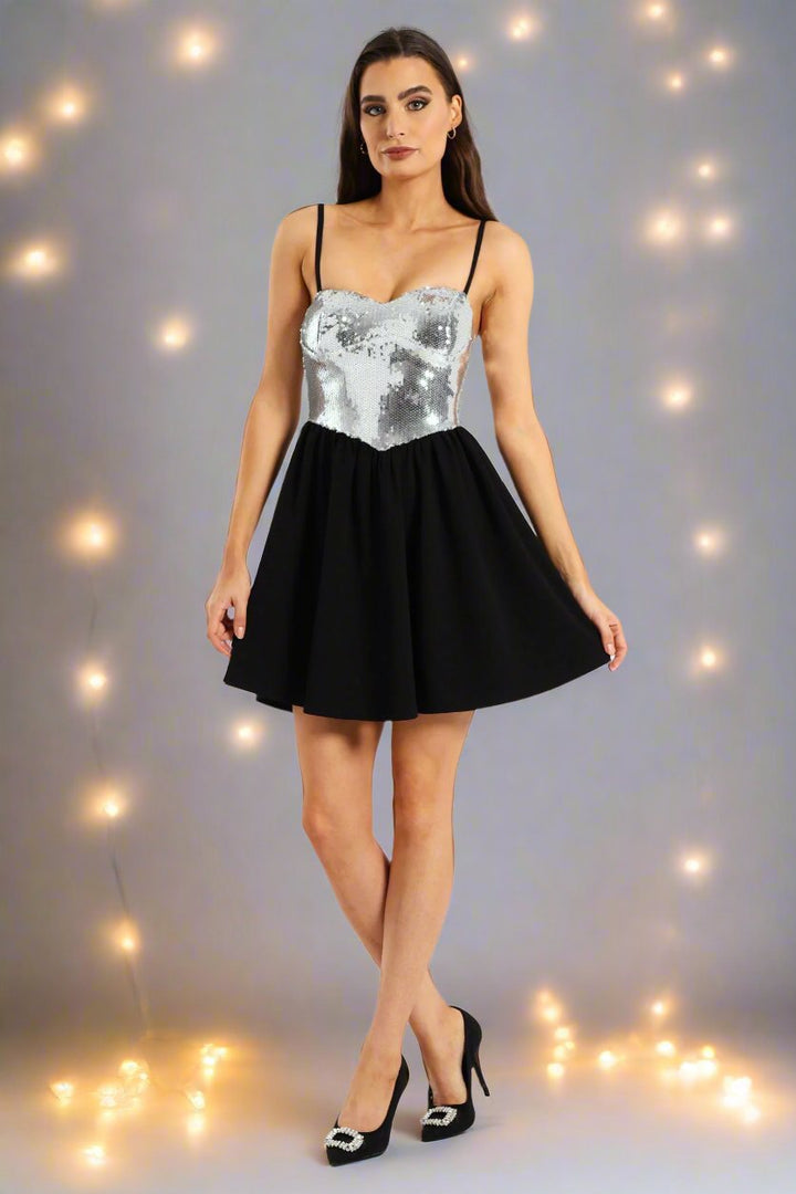 Sequin & Scuba Crepe Dress - Black