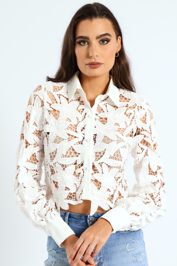 Lace Button Up Shirt - White