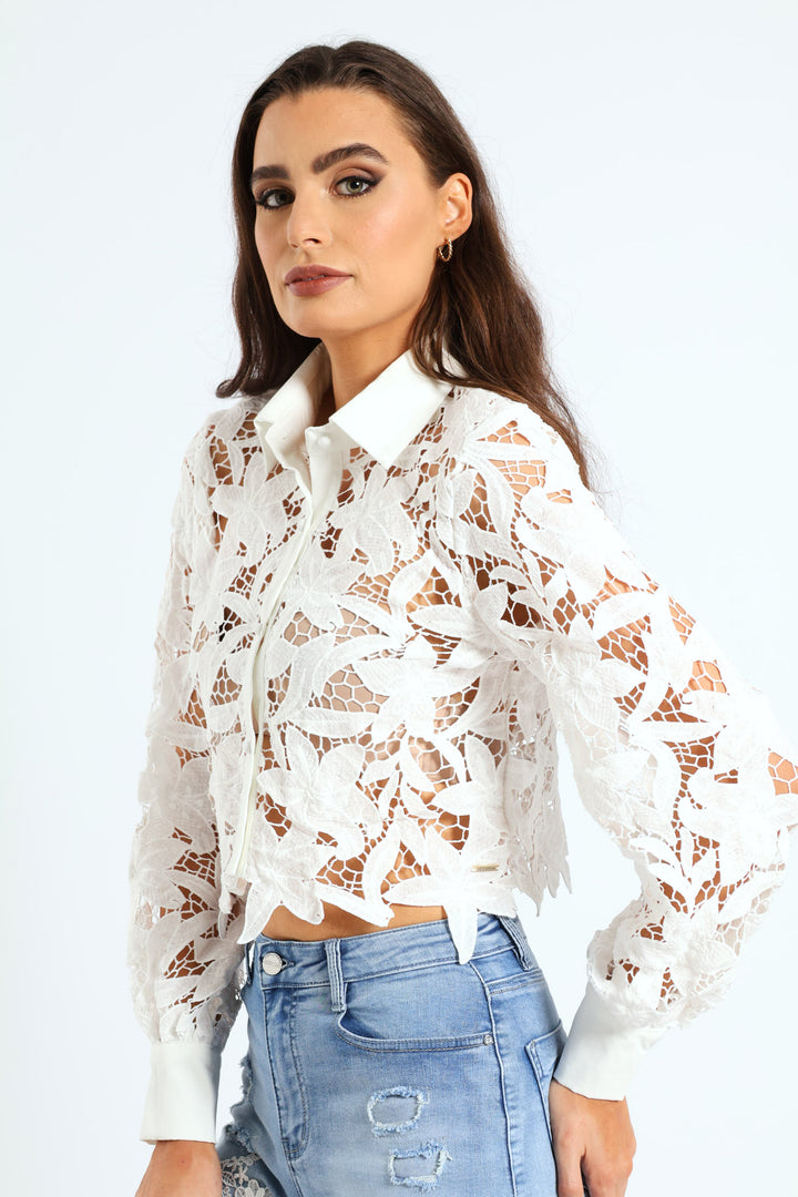 Lace Button Up Shirt - White