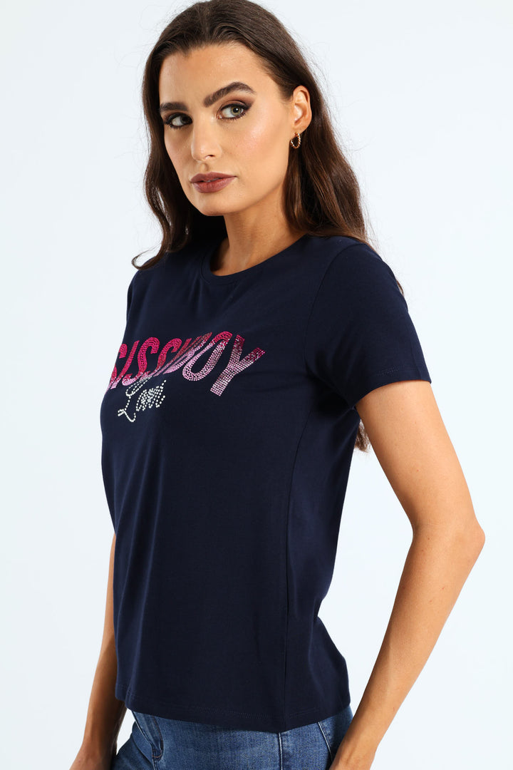 Regular Fit Bling Logo Tee - Navy