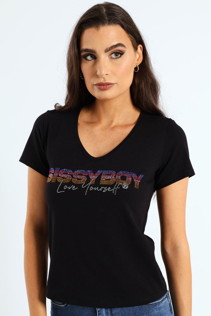 Regular Fit V-Neck Multi-Technique Logo Top - Black