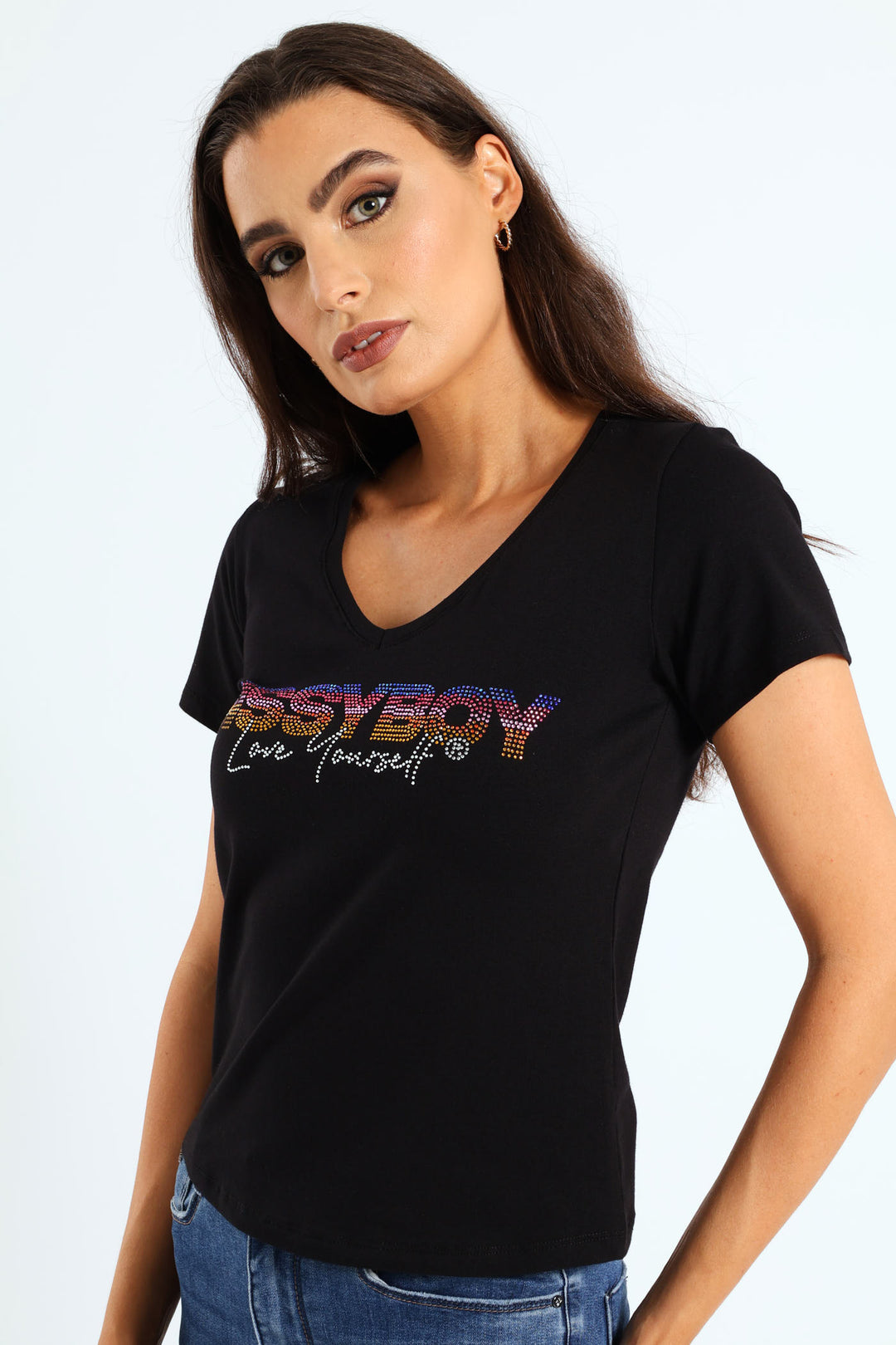 Regular Fit V-Neck Multi-Technique Logo Top - Black