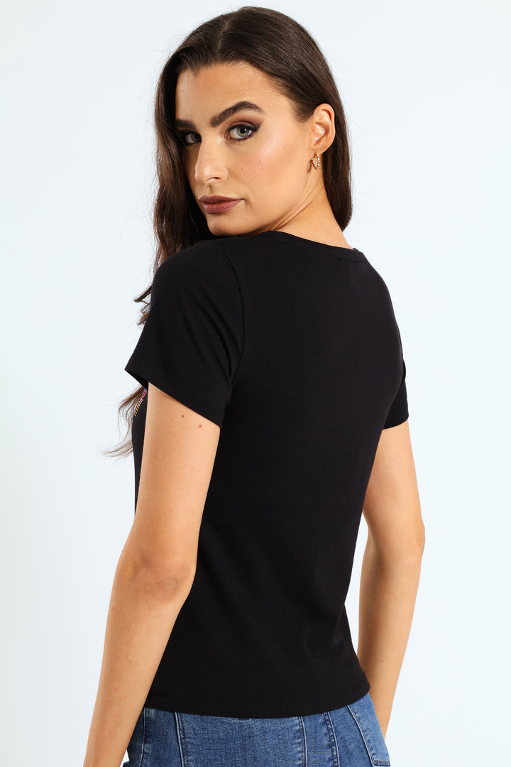 Regular Fit V-Neck Multi-Technique Logo Top - Black