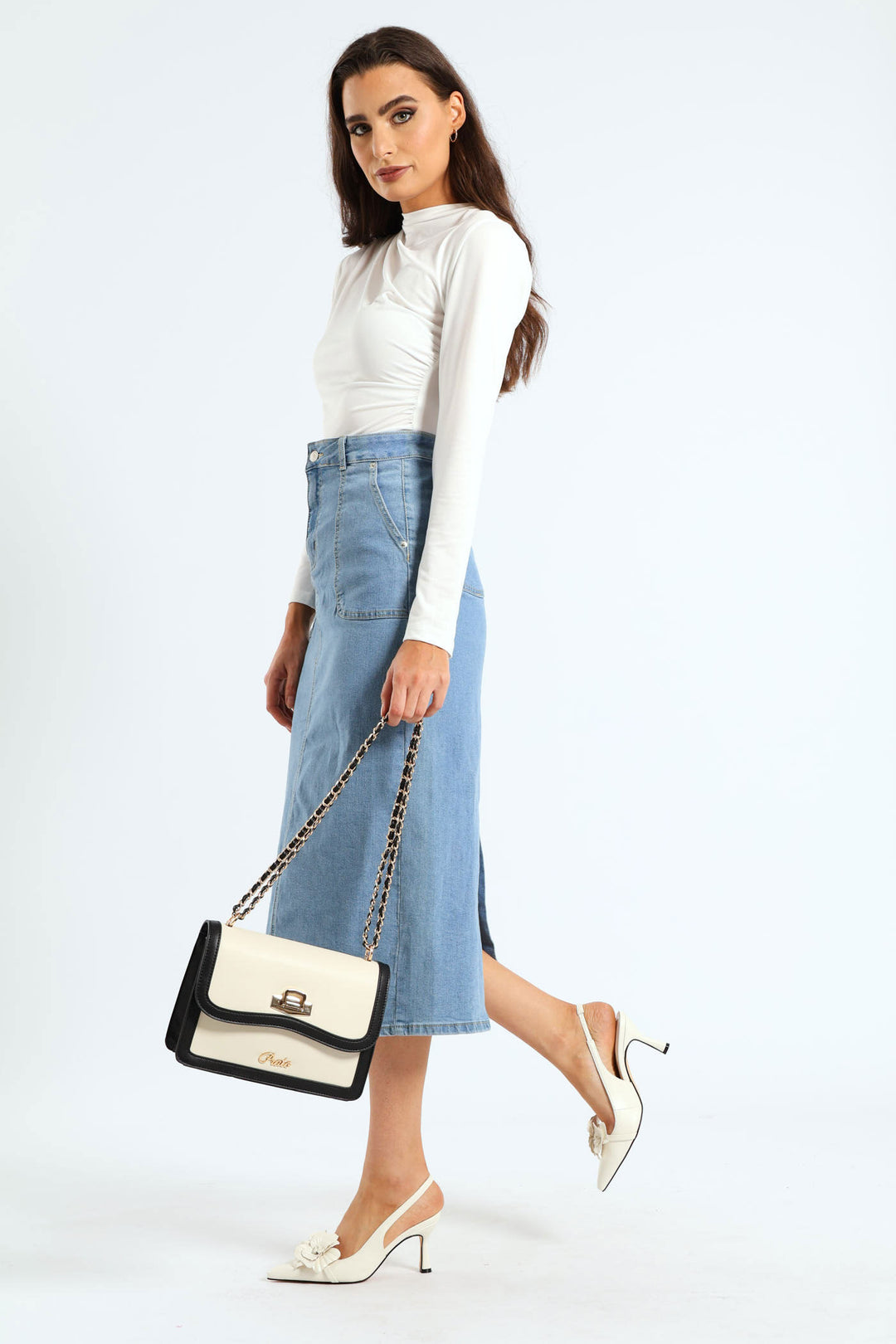 Colour Block Chain Shoulder Strap Bag - Cream