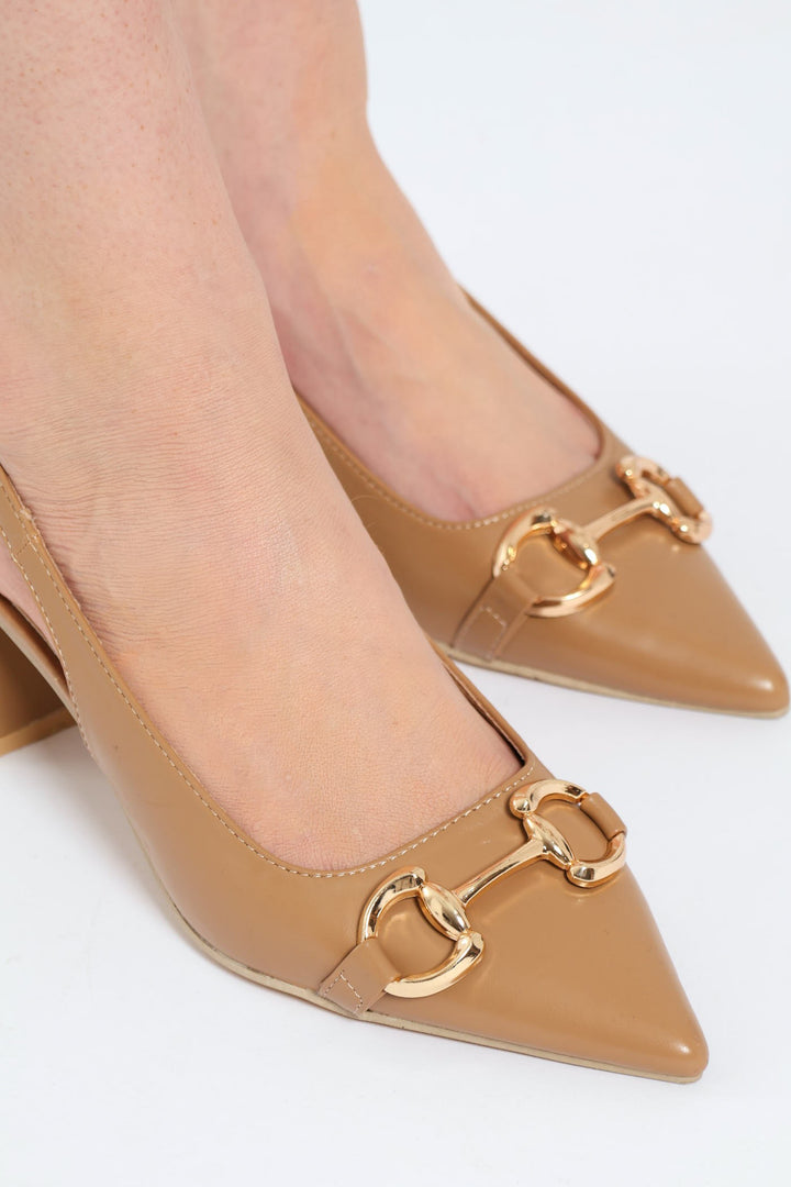 Gold Trim Low Block Pointy Slinback Heel - Beige