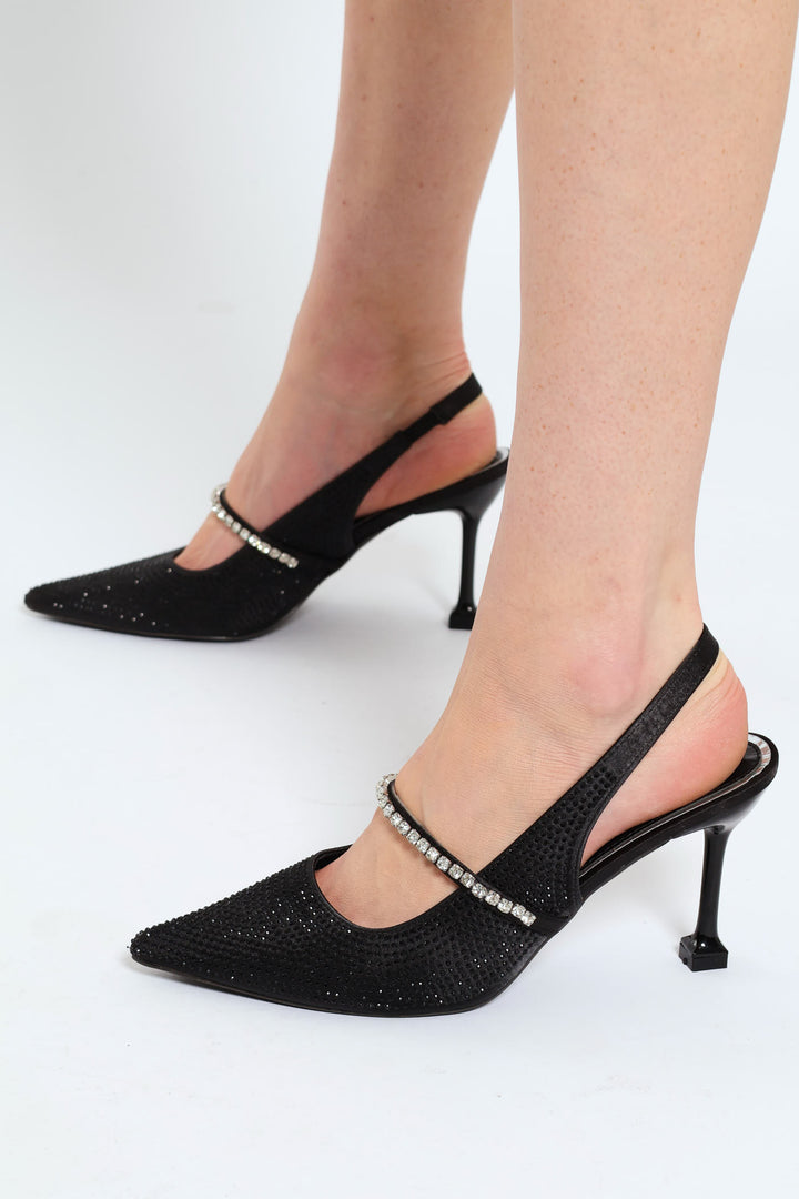 Self Color Diamante Detail Square Heel - Black