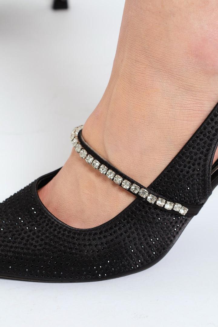 Self Color Diamante Detail Square Heel - Black