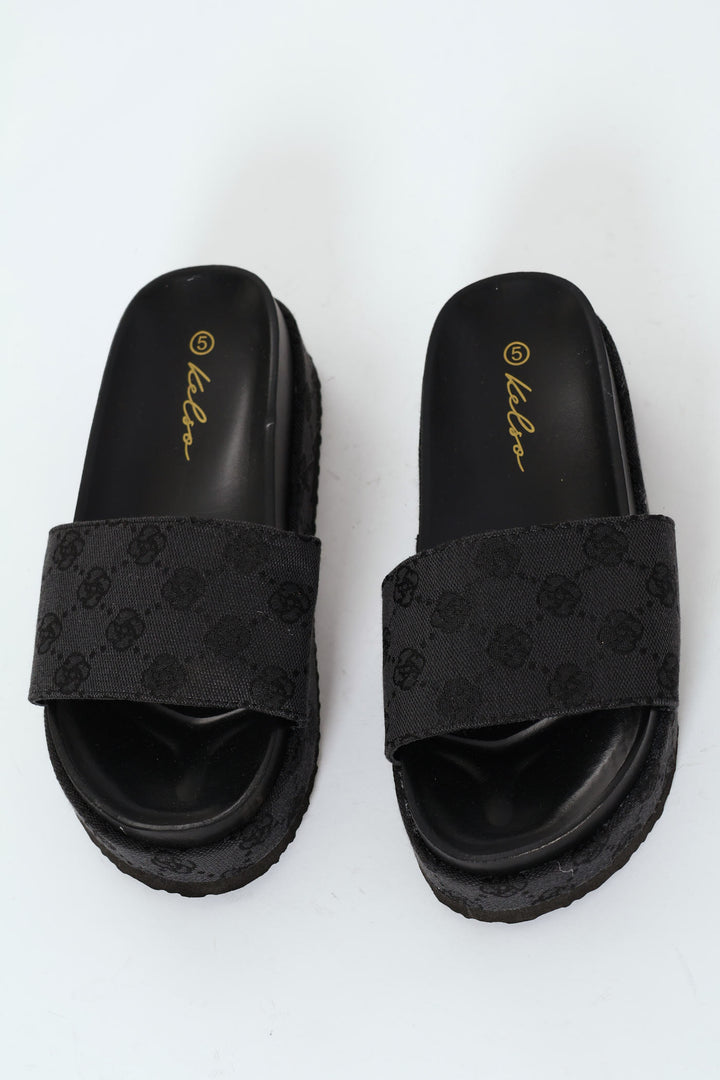 Monogram Printed Canvas Flatform Slide - Black