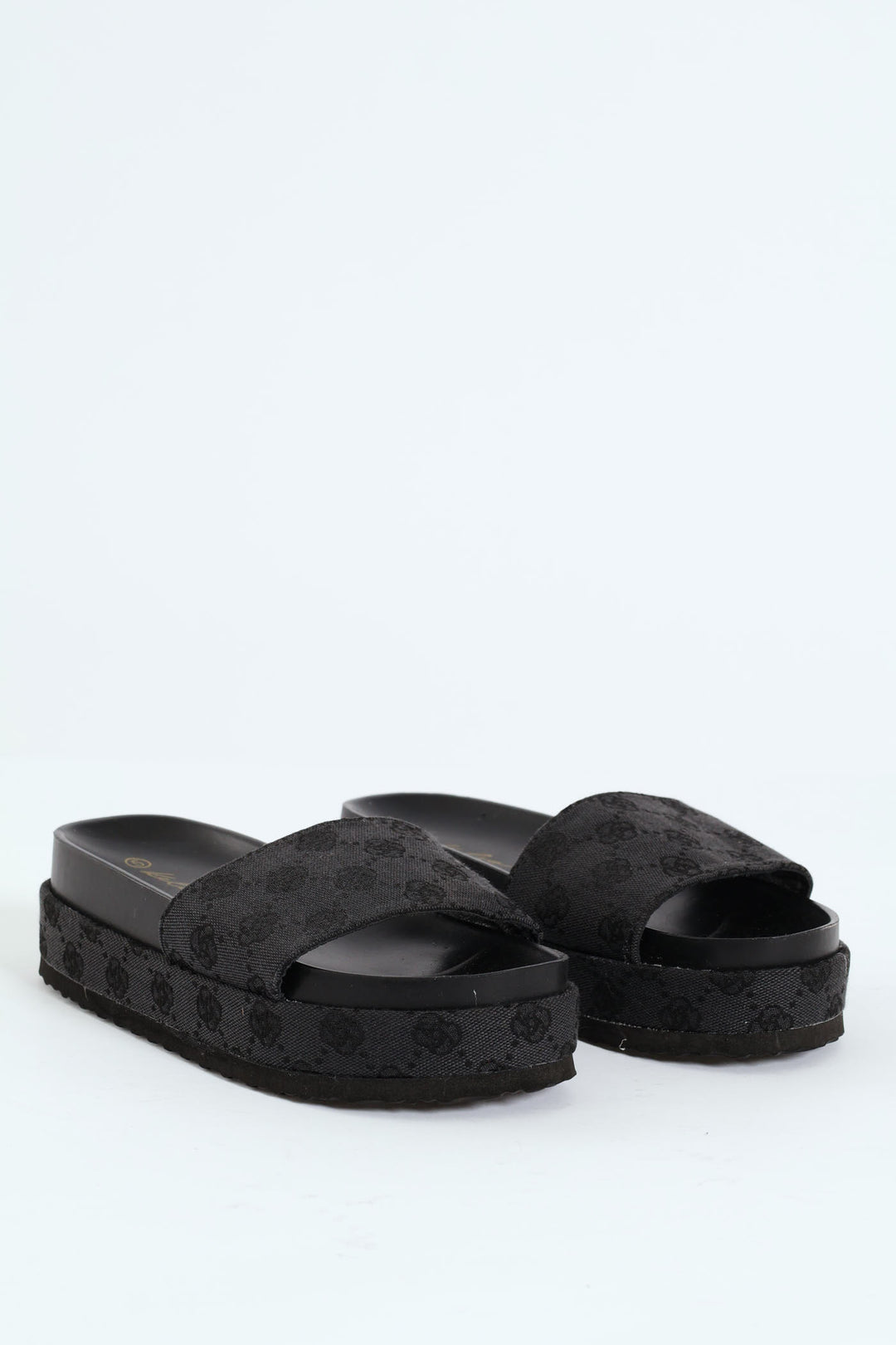 Monogram Printed Canvas Flatform Slide - Black