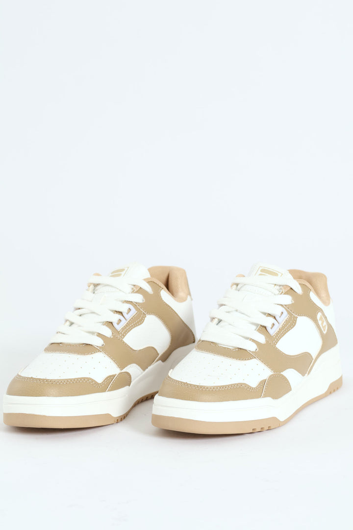 Lucas Panelled Lace Up Court Sneaker - Beige/White