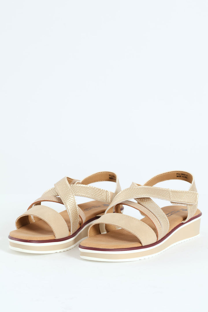 Denna X Over Elasticated Flatform Sandal - Beige