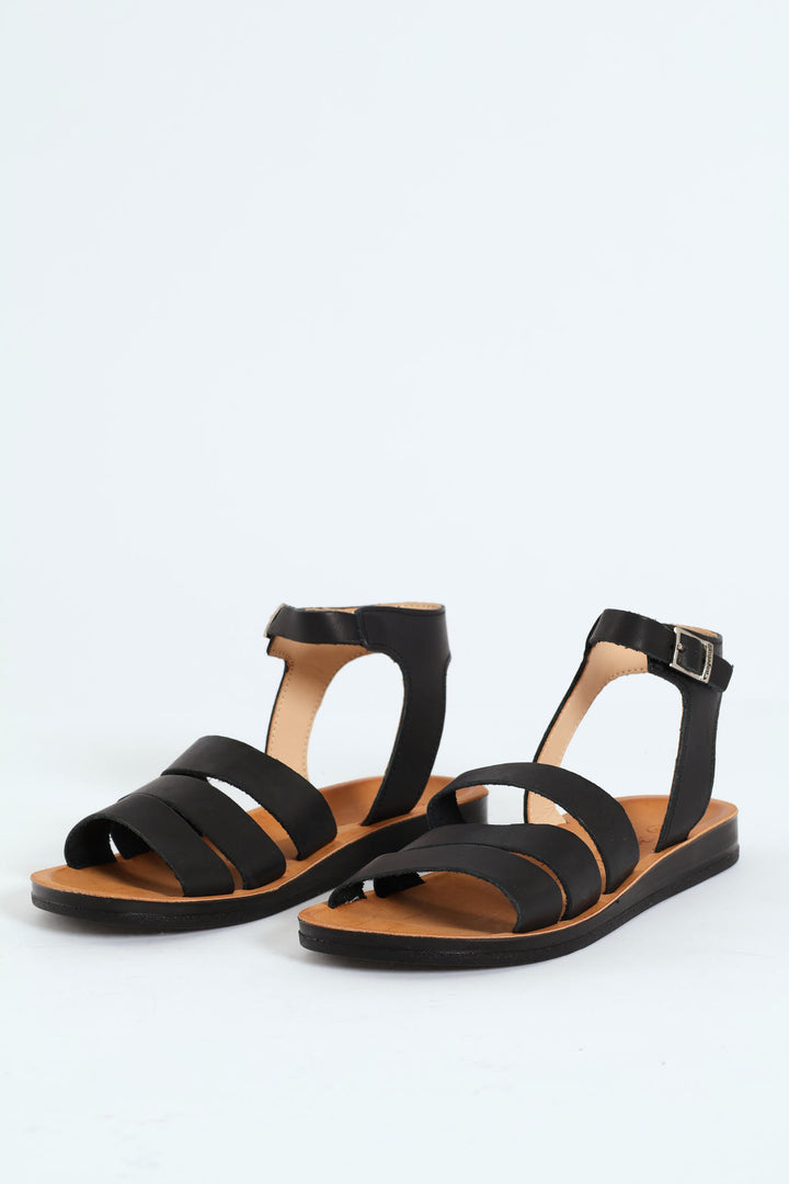 Hayley Leather Multi Strap Ankle Sandal - Black