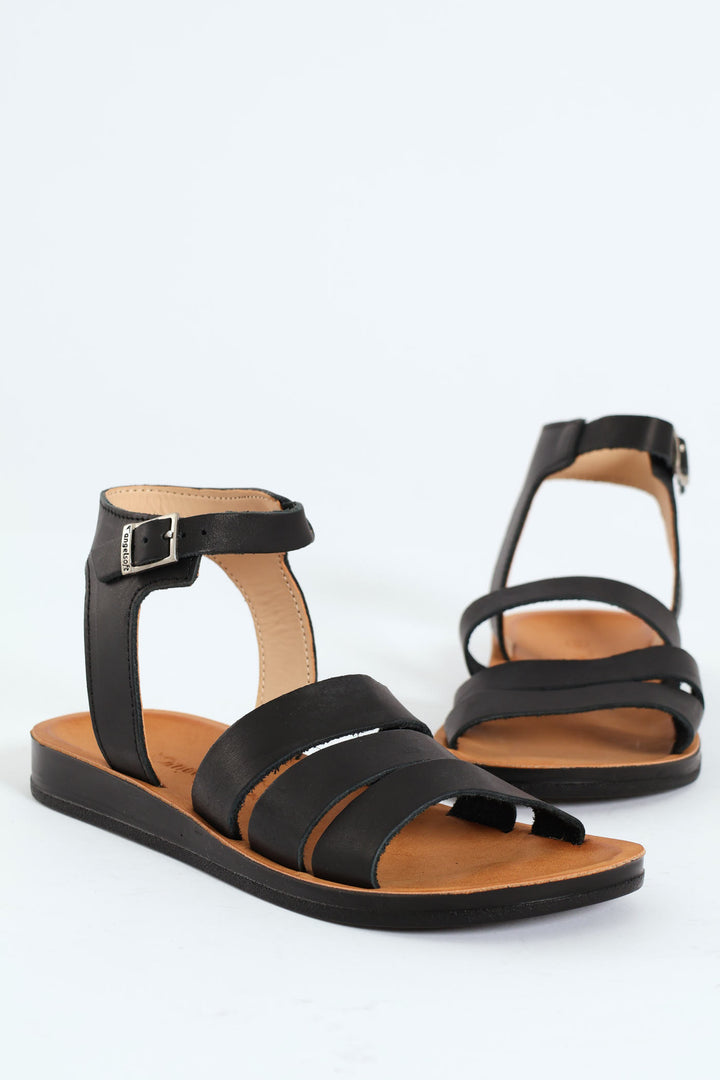 Hayley Leather Multi Strap Ankle Sandal - Black