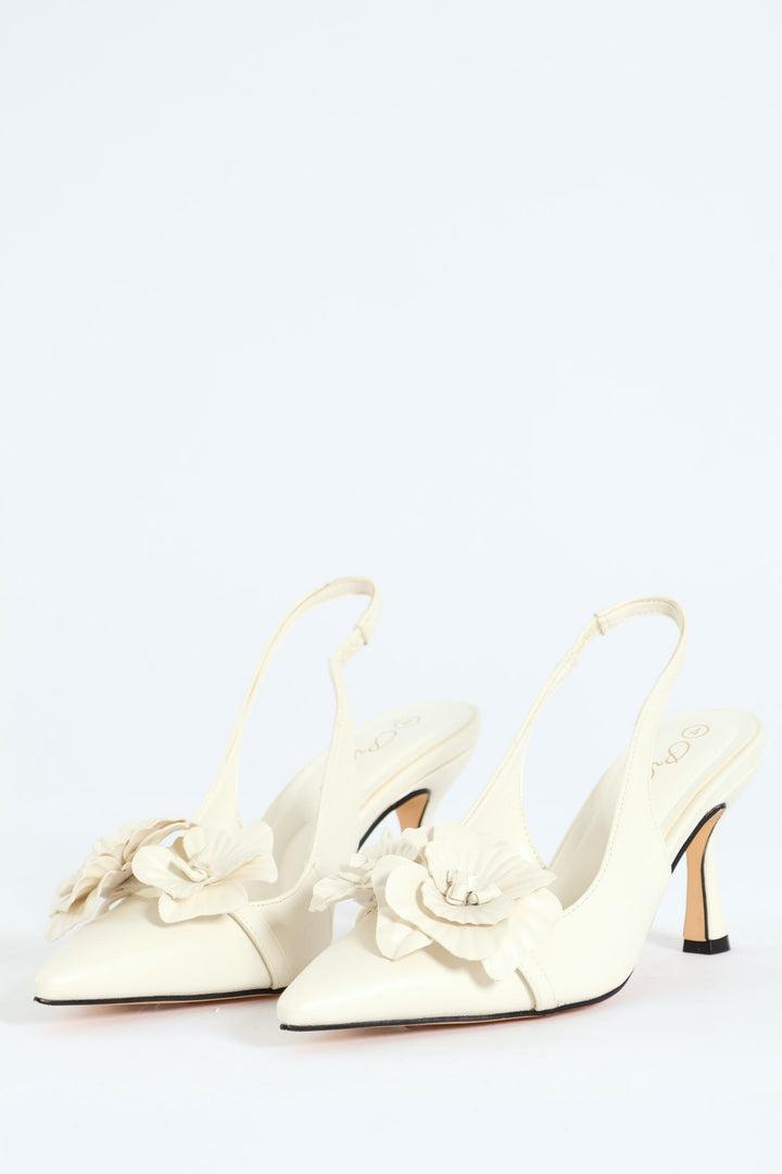 Pointed Slingback 3D Flower Detail Kitten Heel - Off White