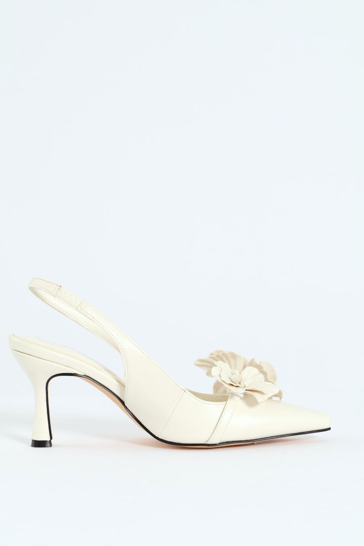 Pointed Slingback 3D Flower Detail Kitten Heel - Off White