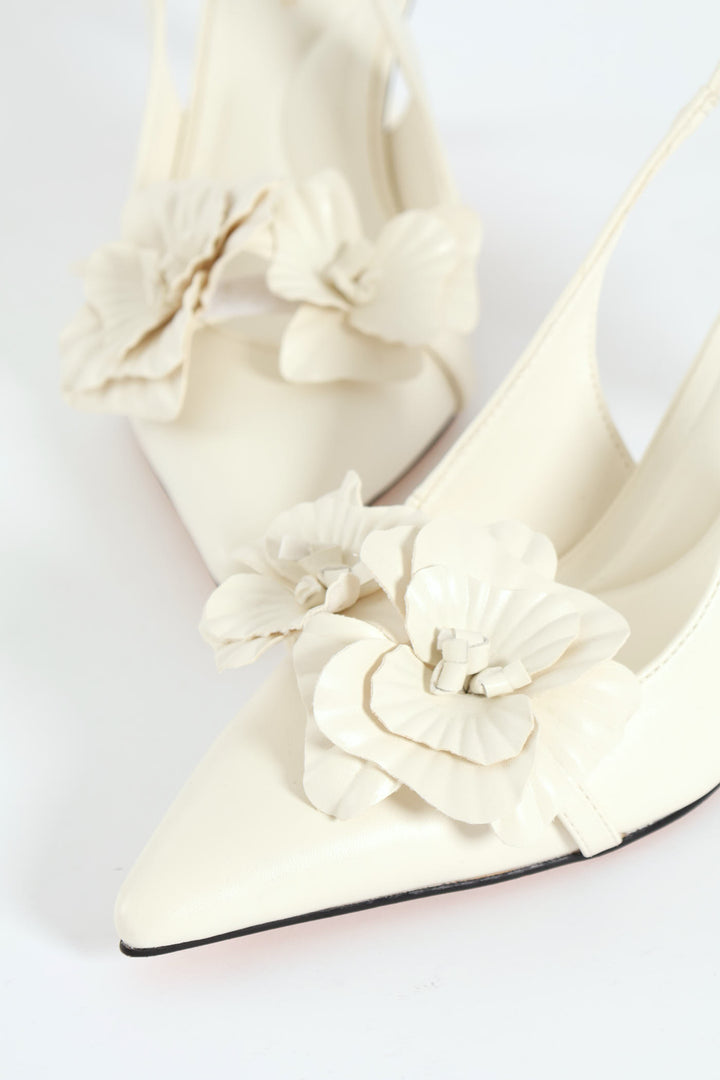 Pointed Slingback 3D Flower Detail Kitten Heel - Off White