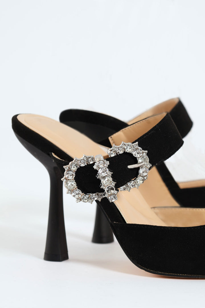 Diamante Crusted Buckle Strap Mule Heel - Black