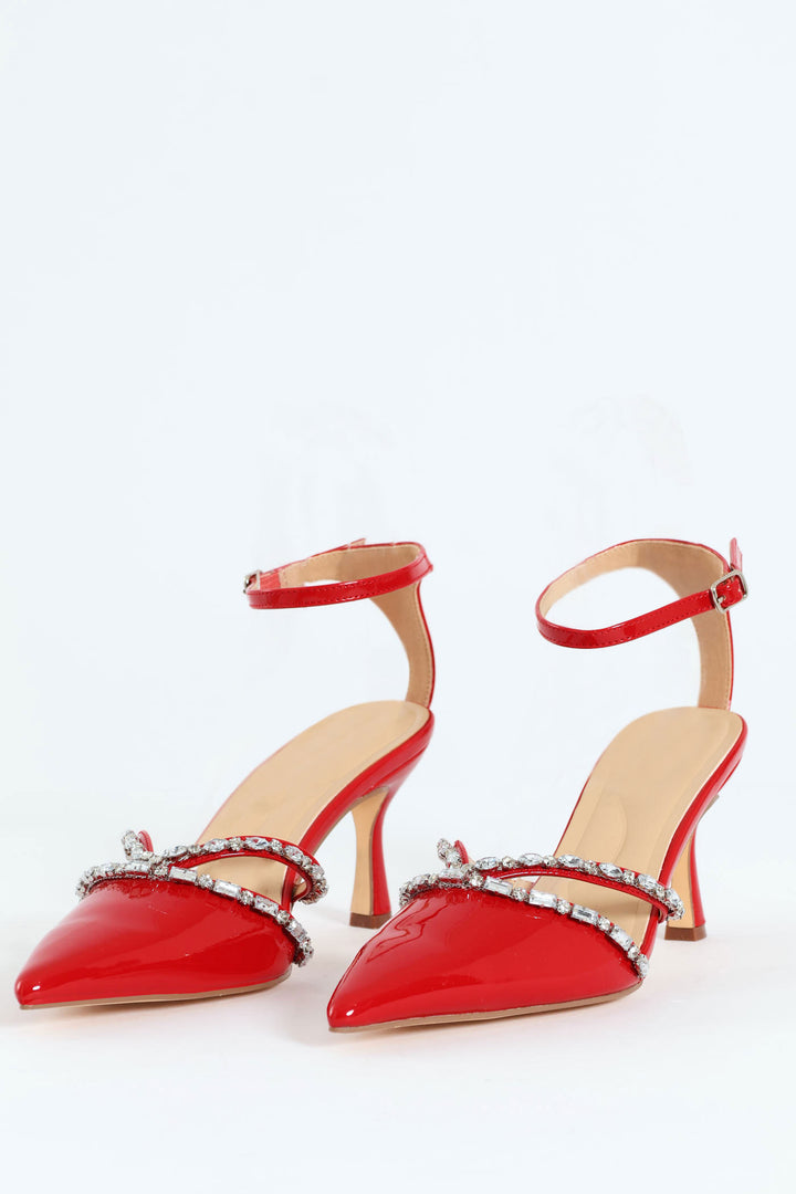 Diamante Embelllished Ankle Strap Kitten Heele Mule - Red