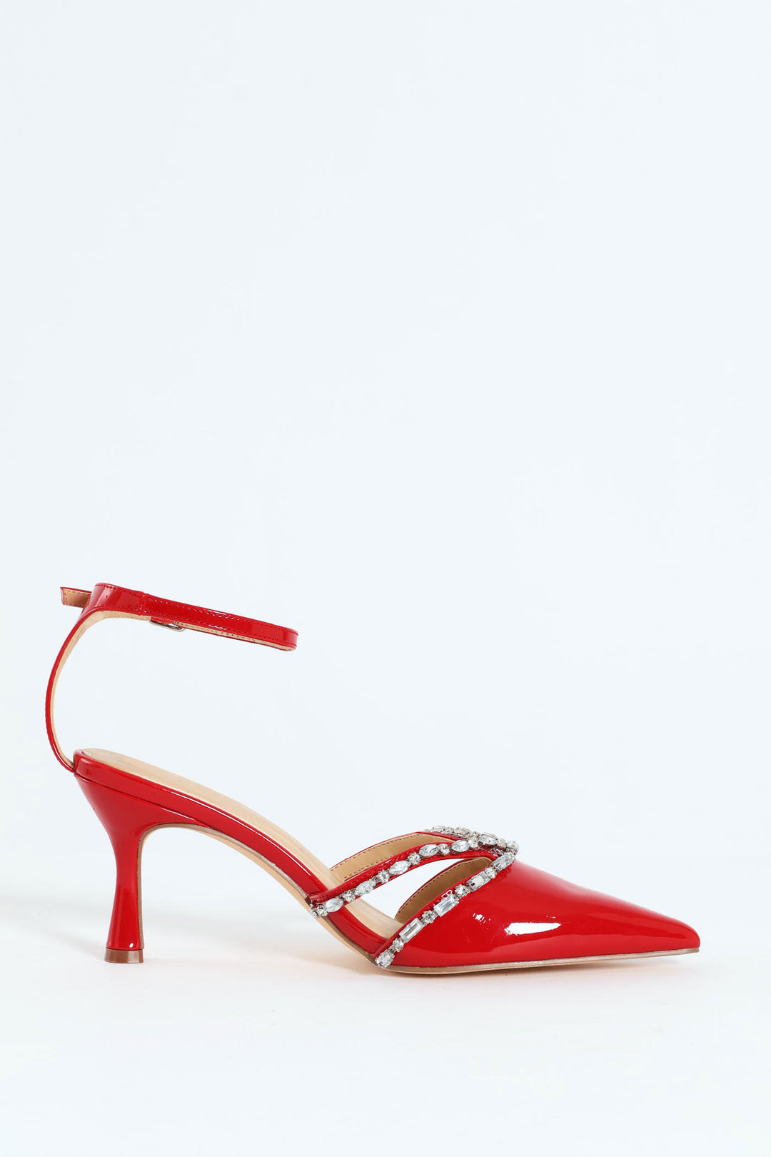 Diamante Embelllished Ankle Strap Kitten Heele Mule - Red