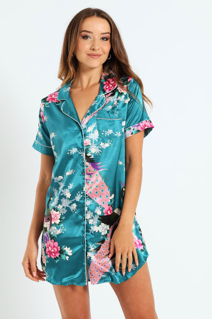 Button Through Satin Sleepshirt - Emerald