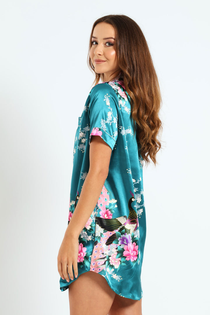 Button Through Satin Sleepshirt - Emerald