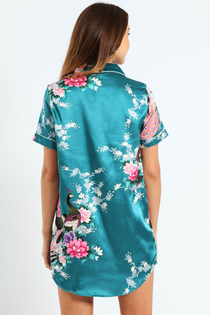 Button Through Satin Sleepshirt - Emerald