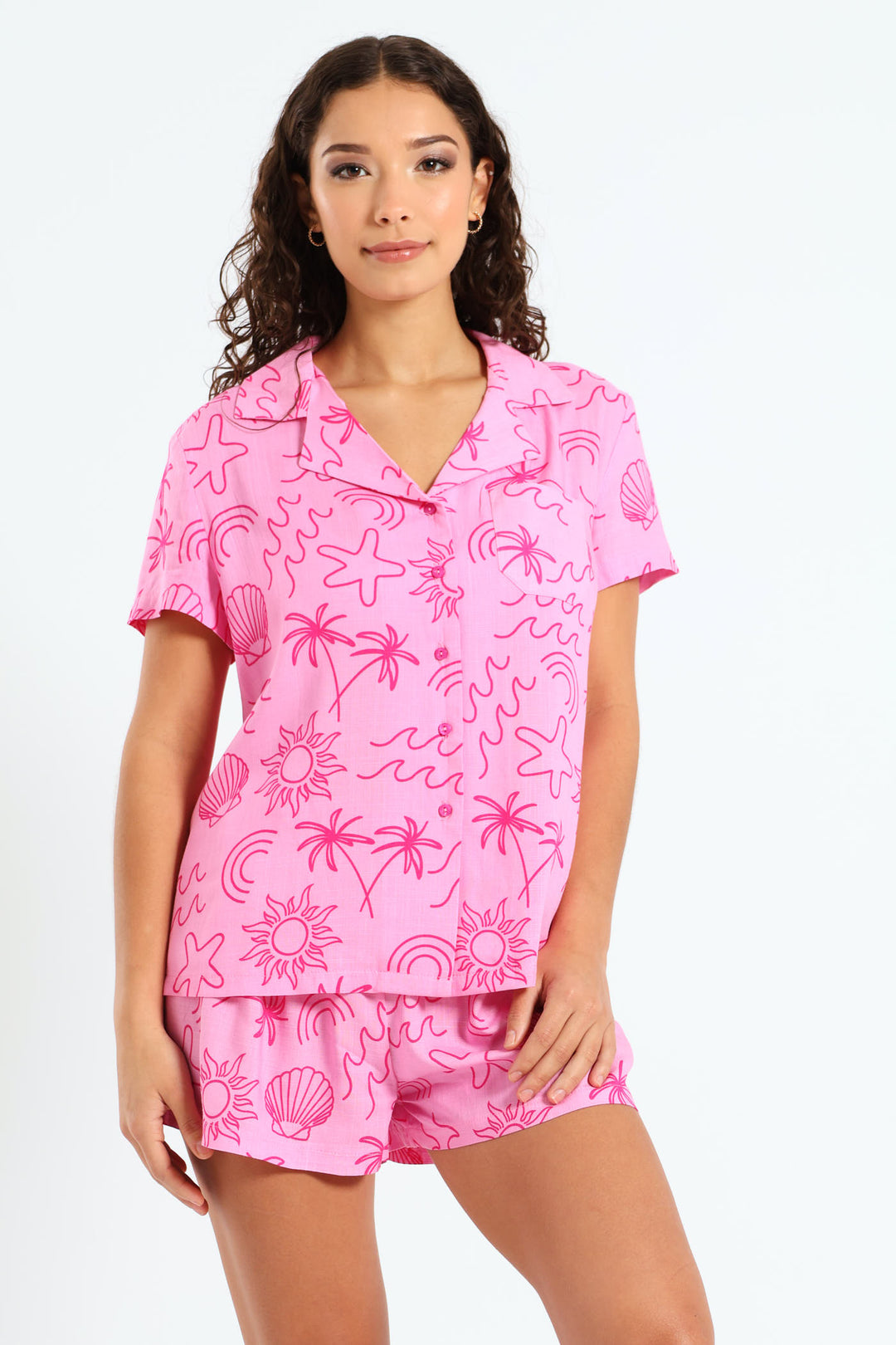 Linen-Look Button Through Pink Palm Short Set - Pink