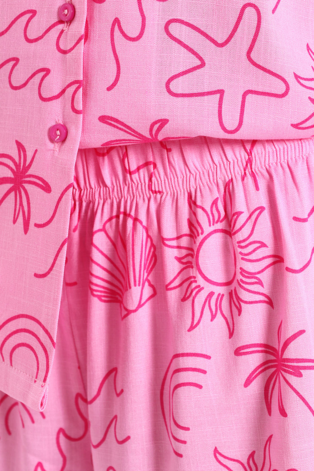 Linen-Look Button Through Pink Palm Short Set - Pink