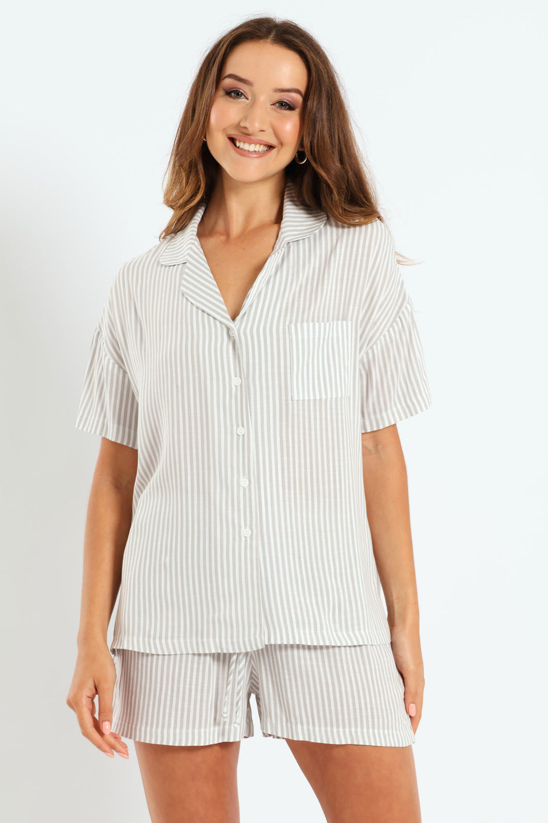 Linen Stripe Button Through Short Sleep Set - White/Grey