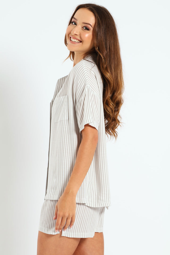 Linen Stripe Button Through Short Sleep Set - White/Grey