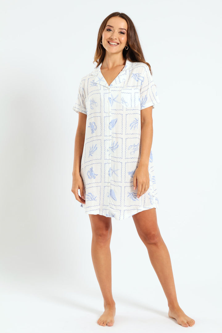 Button Through Woven Linen Blend Sleepshirt - White