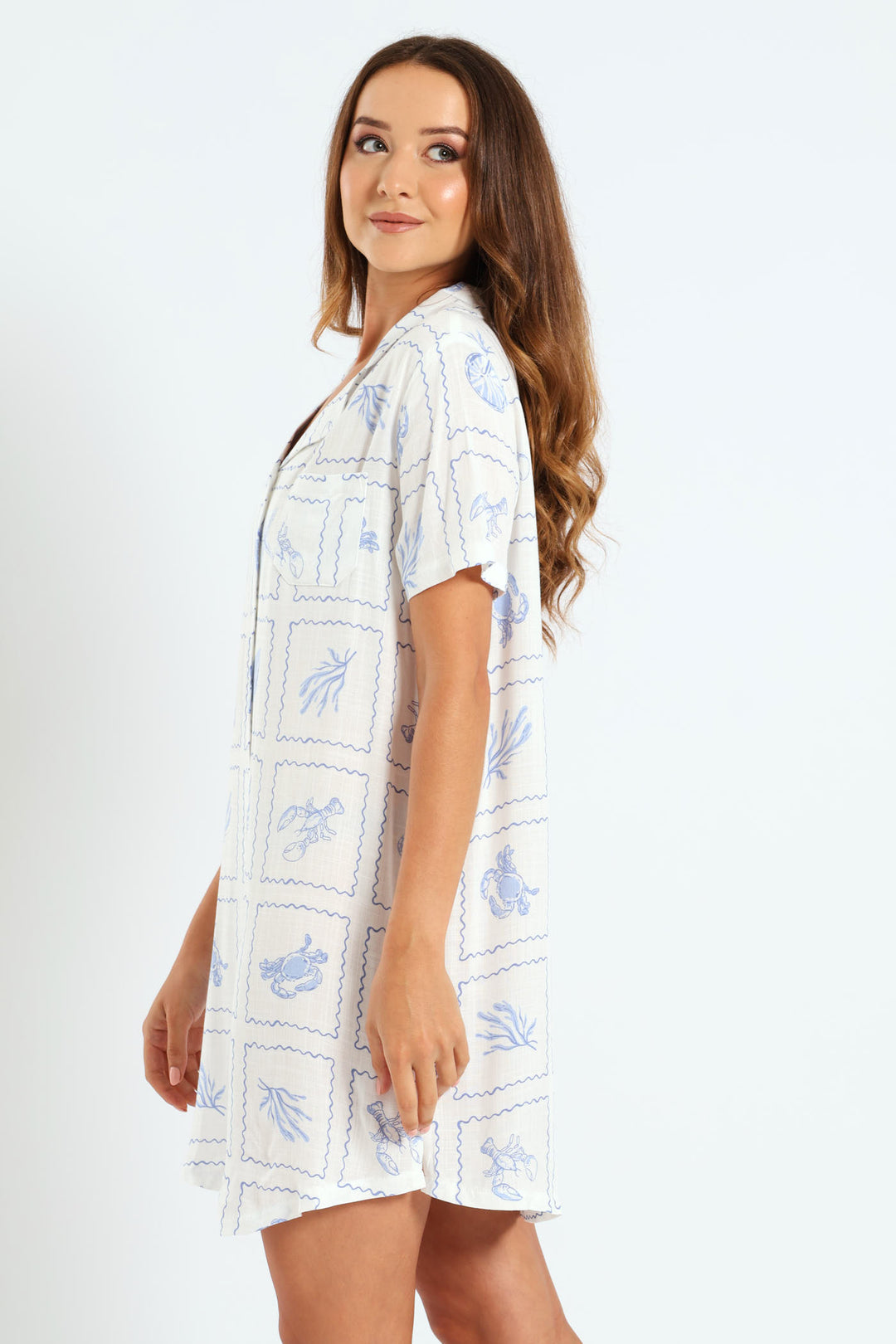 Button Through Woven Linen Blend Sleepshirt - White