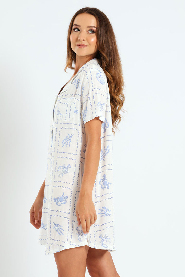 Button Through Woven Linen Blend Sleepshirt - White