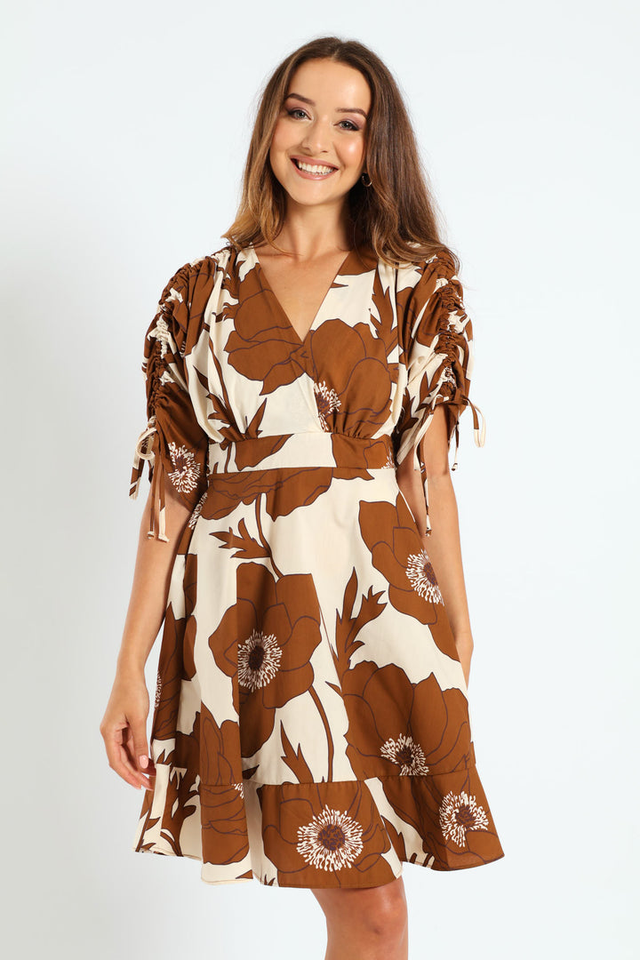 3/4 Ruched Balloon Sleeve Midi Dress - Brown/White