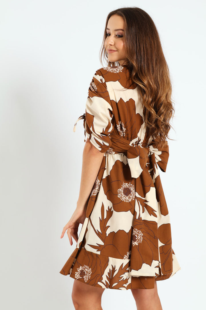 3/4 Ruched Balloon Sleeve Midi Dress - Brown/White