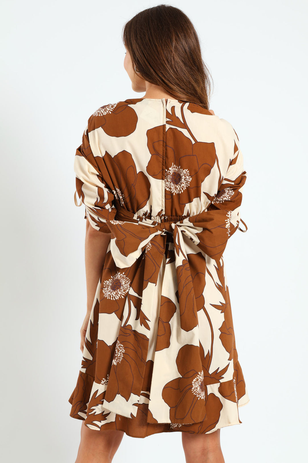 3/4 Ruched Balloon Sleeve Midi Dress - Brown/White