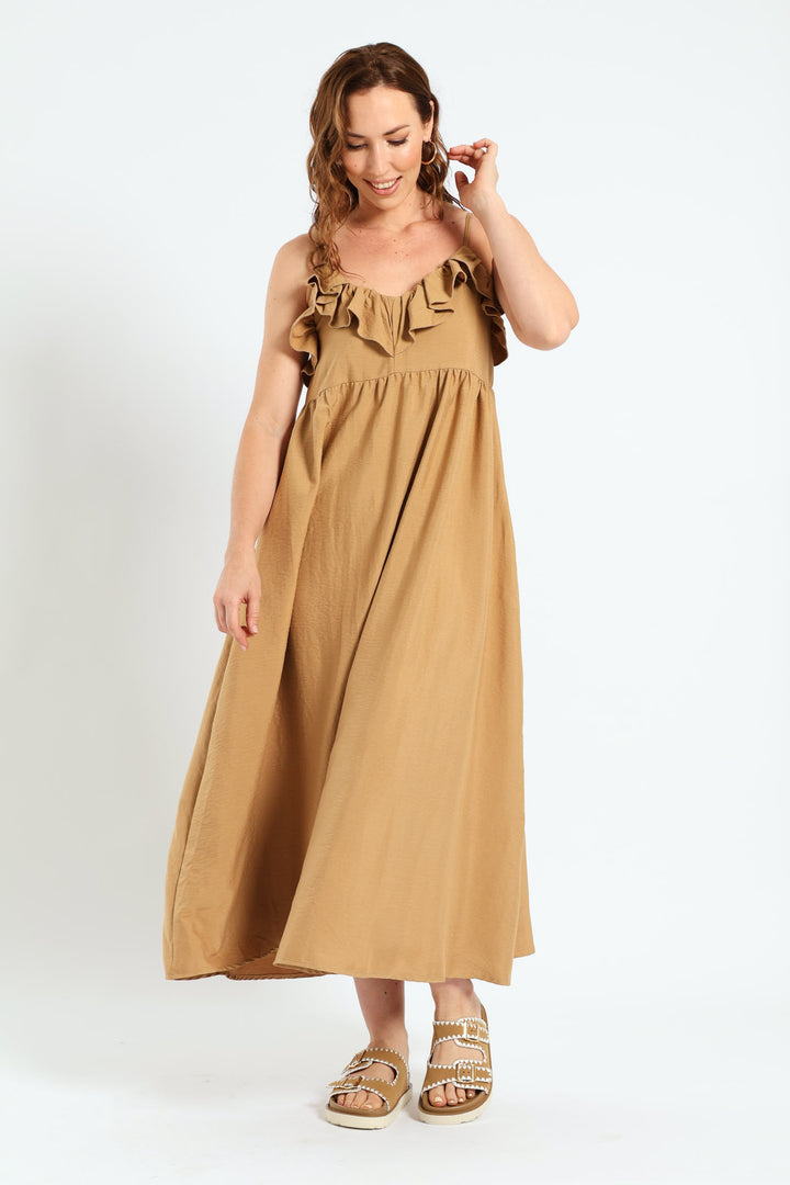 Strappy Frill Edge Slip Midi Dress - Caramel