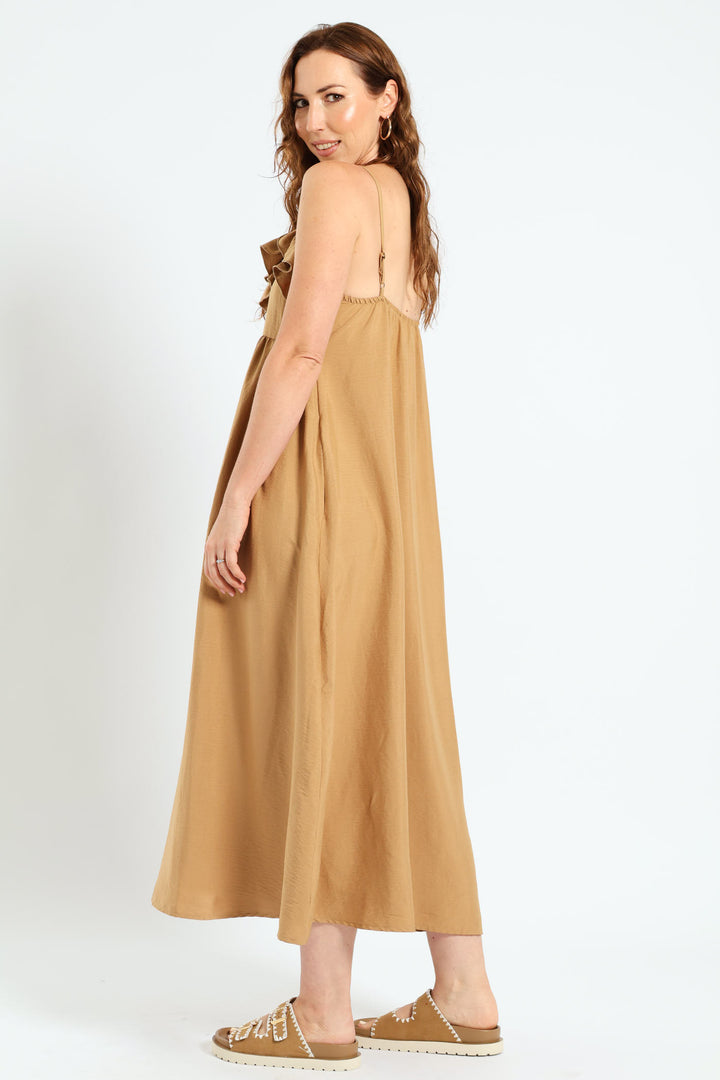 Strappy Frill Edge Slip Midi Dress - Caramel