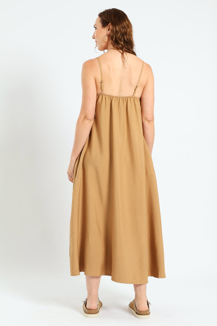 Strappy Frill Edge Slip Midi Dress - Caramel