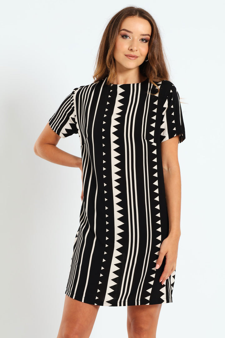 Back Detail Shift Dress - Black/Fawn