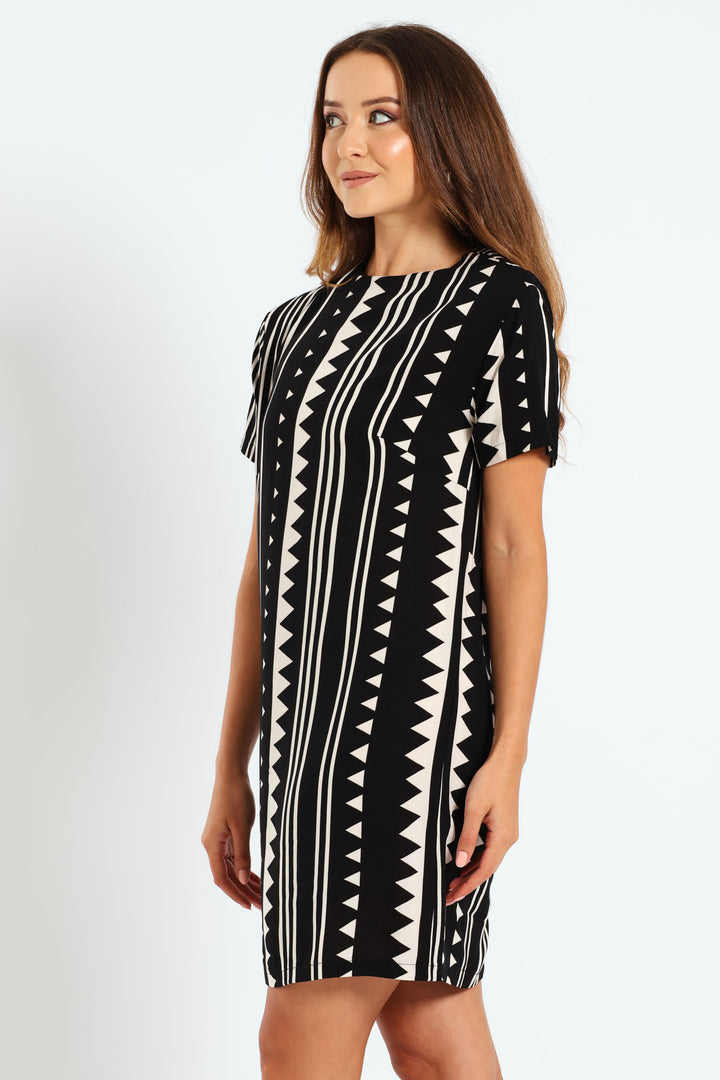 Back Detail Shift Dress - Black/Fawn