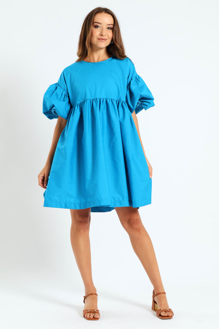 Volume Sleeve Poplin Mini Dress - Peacock Blue