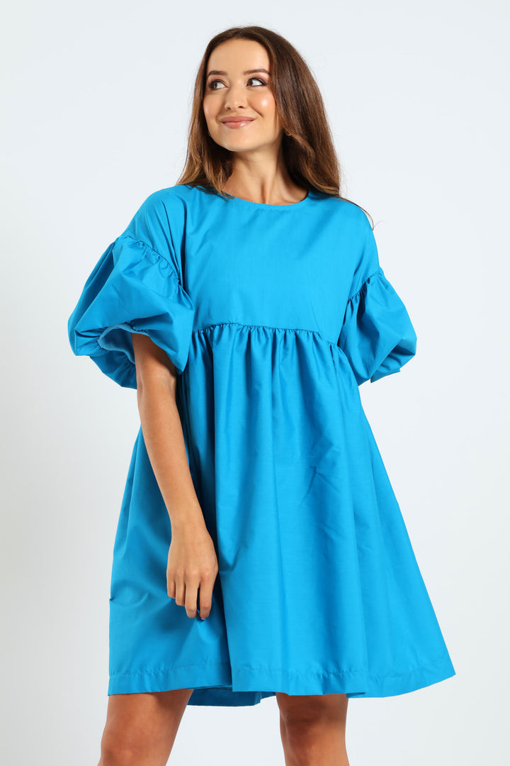 Volume Sleeve Poplin Mini Dress - Peacock Blue