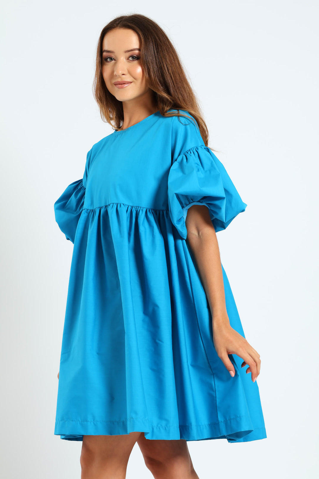 Volume Sleeve Poplin Mini Dress - Peacock Blue